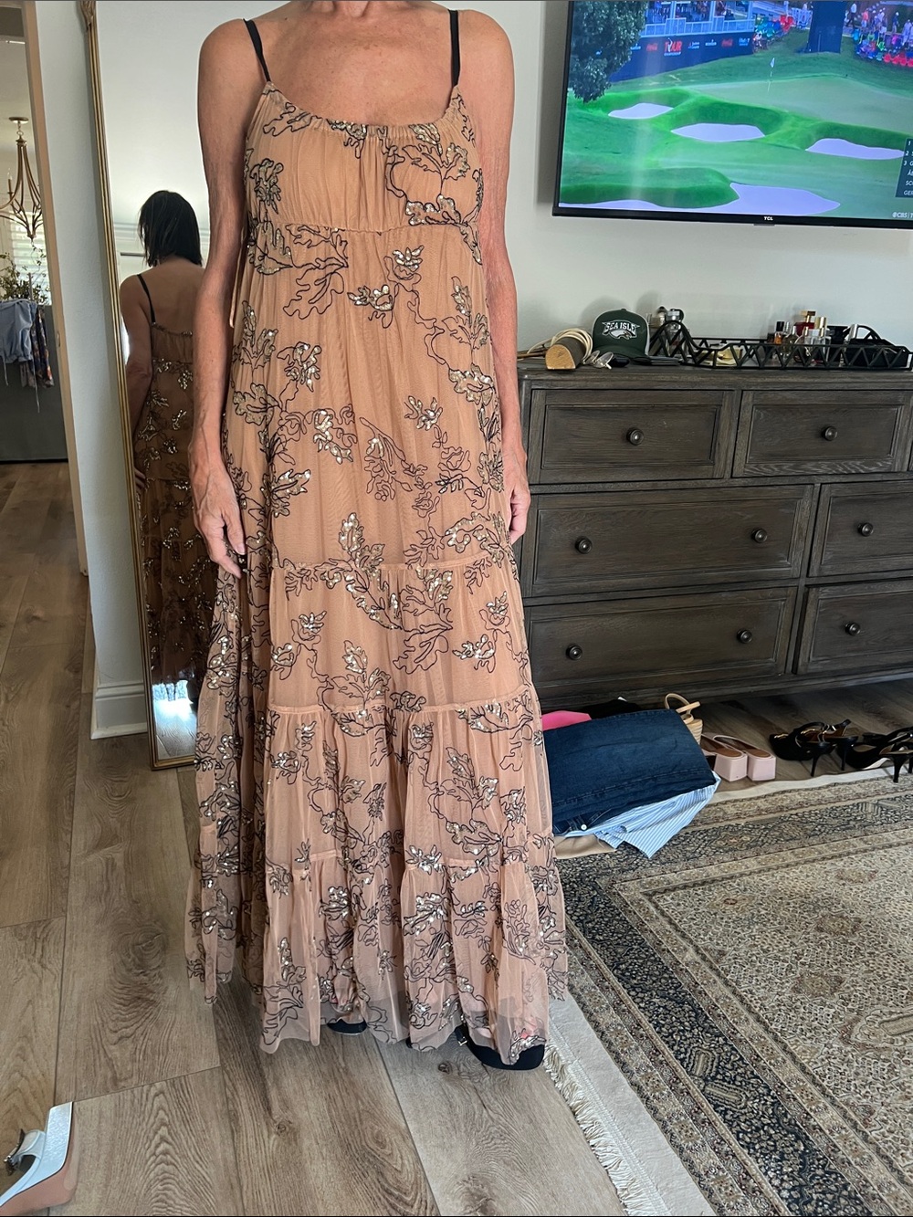 Anthropologie Camel Floral Embroidered Tiered Maxi Dress